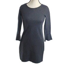 Madewell Dress Black White Striped 3/4 Bell Sleeve Shift Stretch Size XS